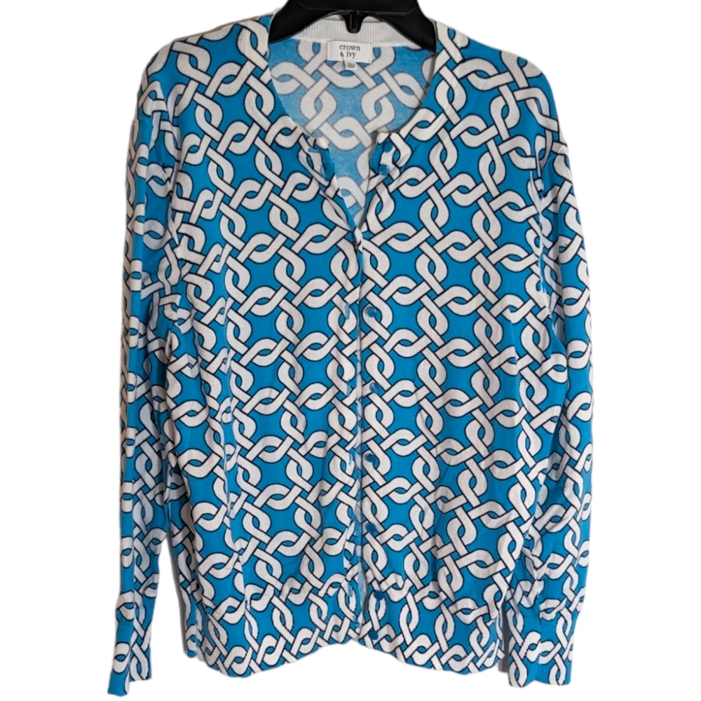Crown and Ivy‎ Cardigan Size XL Teal and White Patterned